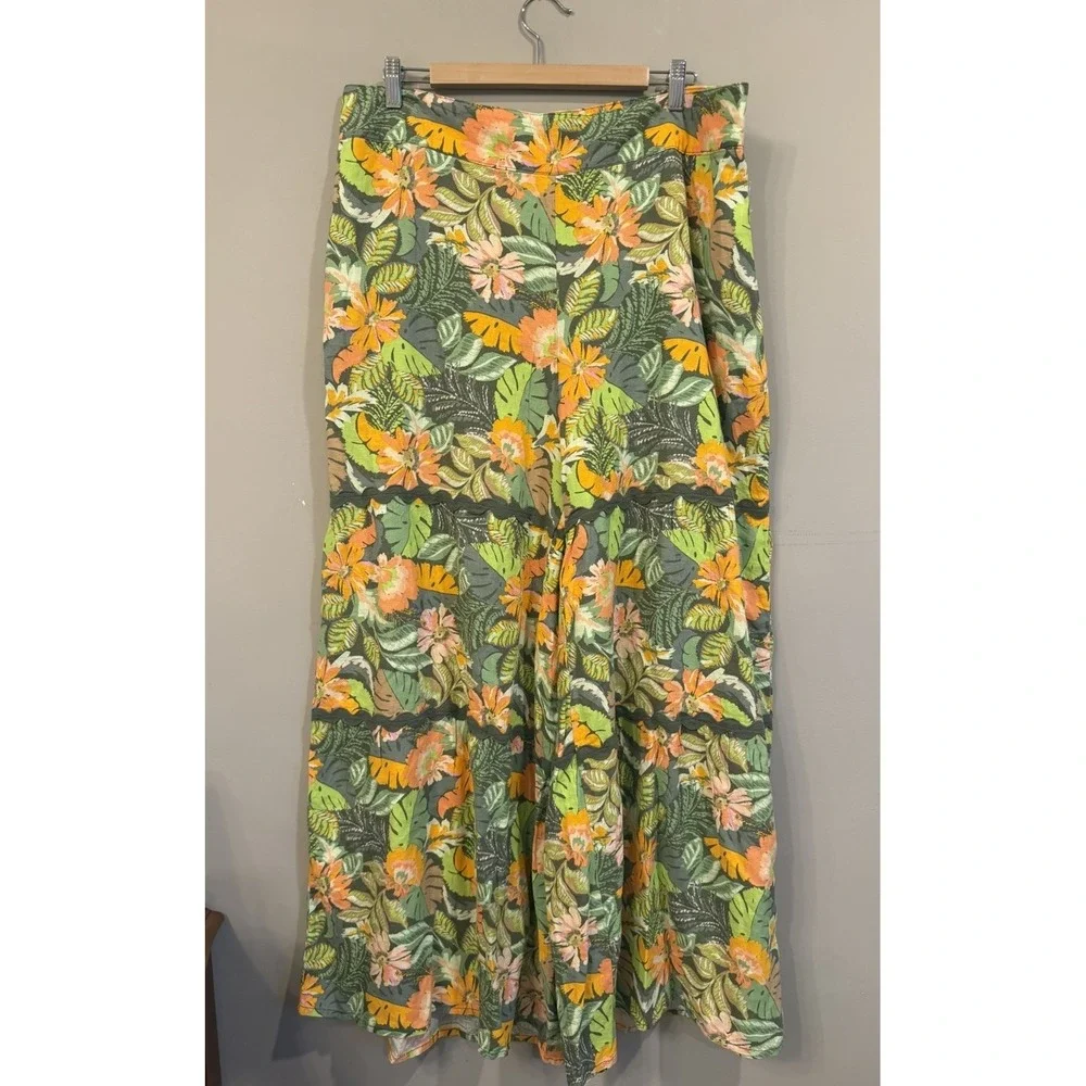Extreme Wide Leg Tiered‎ Pants 18/20 Green Orange Linen/Rayon Tropical Floral